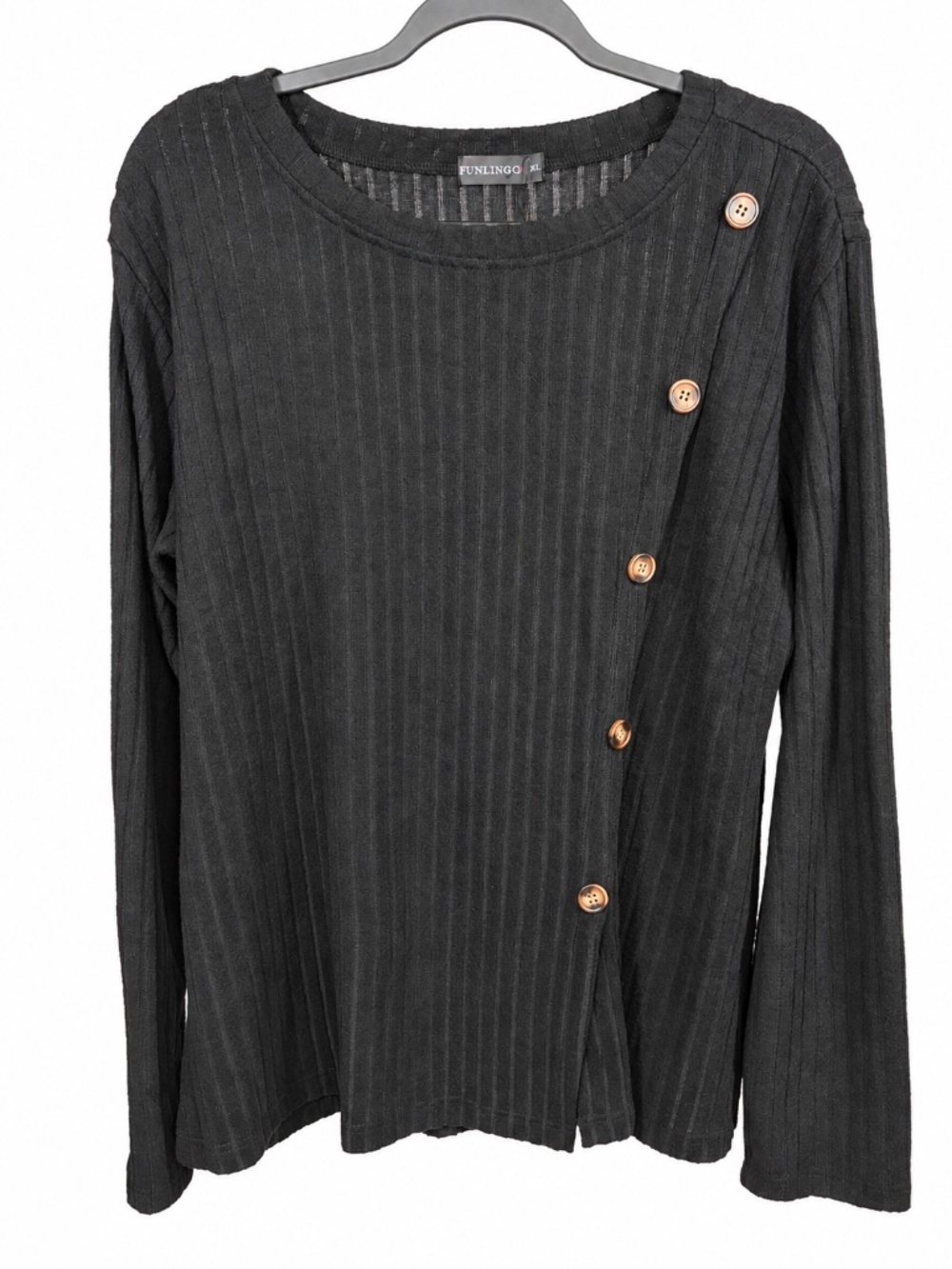 Funlingo Black Ribbed Asymmetrical Button Top Size XL